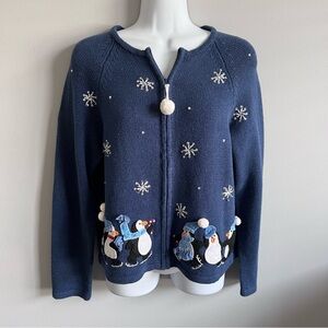 Tiara Girls 12/14 Blue Christmas Penguins Cardigan Front Zip Sweater